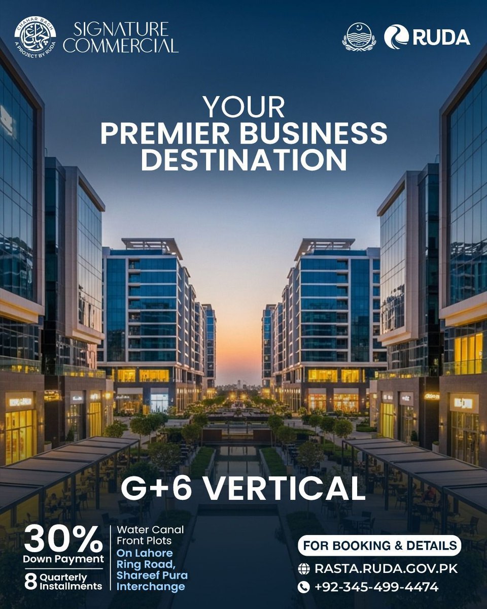Ravi_RUDA's tweet photo. Your business deserves a landmark.
Join Signature Commercial, a premier destination on the Lahore Ring Road, offering water-canal-front plots with G+6 vertical rights in a fully developed, ready-to-construct environment.
#RaviCity #ChaharBagh #SignatureCommercial https://t.co/HaolR2cNwr