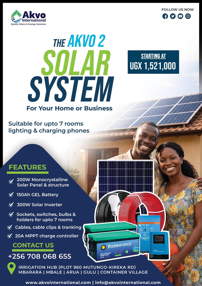 Akvointltd's tweet photo. 🚨 #ProductAnnouncement
Tired of power outages and high electricity bills?
Switch to Akvo Solar Kits — fully bundled solar packages with everything you need and nothing you don't to cut energy costs and keep your home or business powered.
 #SolarEnergy #CleanEnergy https://t.co/xfapF33omQ