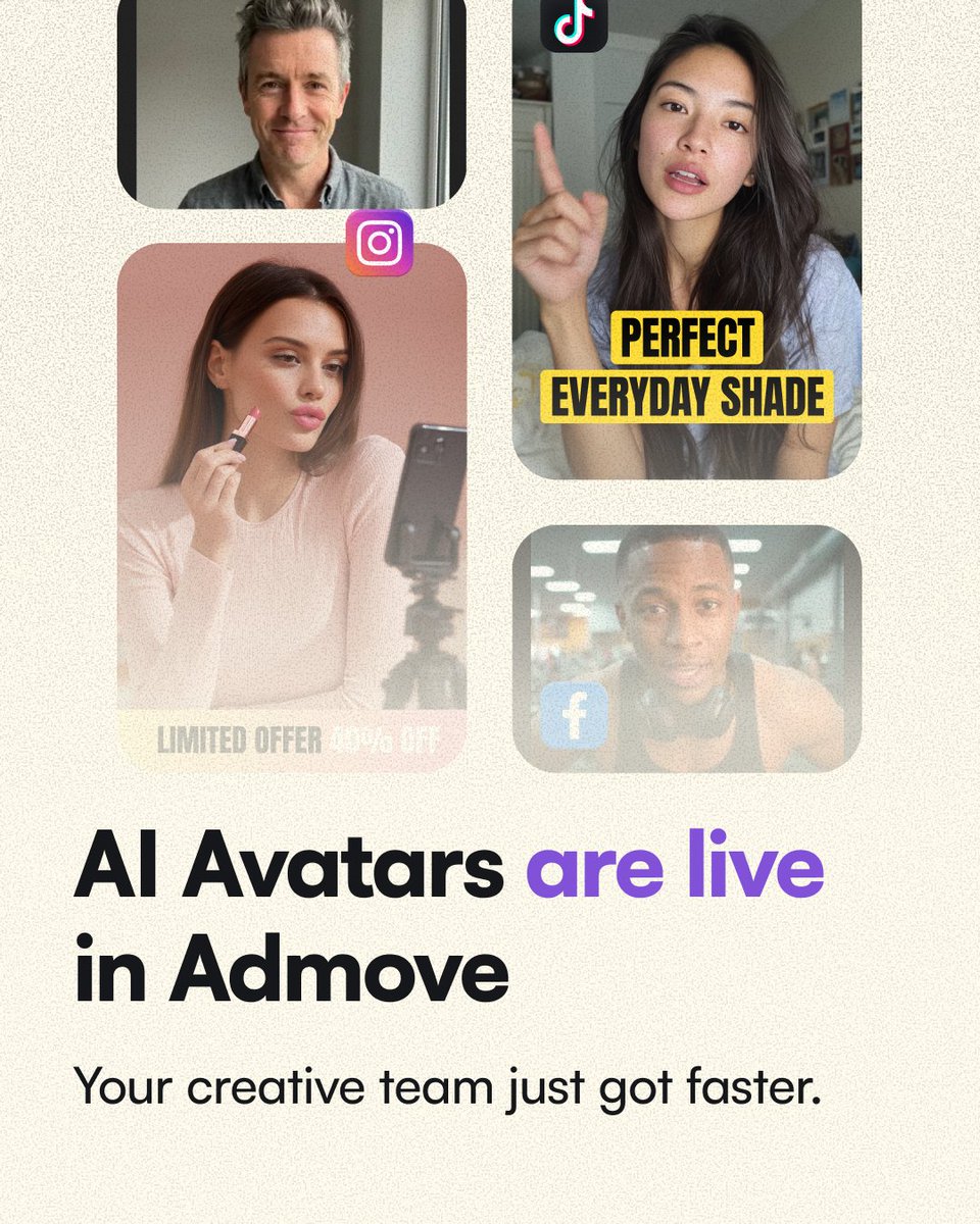 Creativity scales when production friction disappears.

AI Avatars are live in Admove.
Test more. Learn faster. 
🤖admove.ai/tools/ai-avata…
