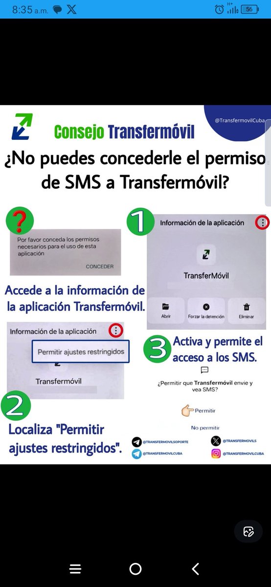 ¿No puedes concederle a #Transfermóvil el permiso de SMS en tu dispositivo móvil 📲?
1⃣ Accede a la Información de la aplicación Transfermóvilℹ️. 
2⃣ Localiza la opción: "Permitir ajustes restringidos" o algo similar.
3⃣ Activa y permite el acceso a los SMS 💬.
#EtecsaTeAcompaña
