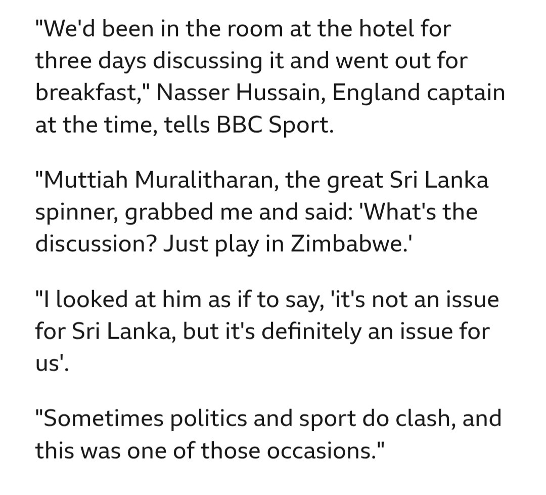 Just got to read what Nasser Hussain said about 2003 boycott of Zimbabwe: (source BBC)