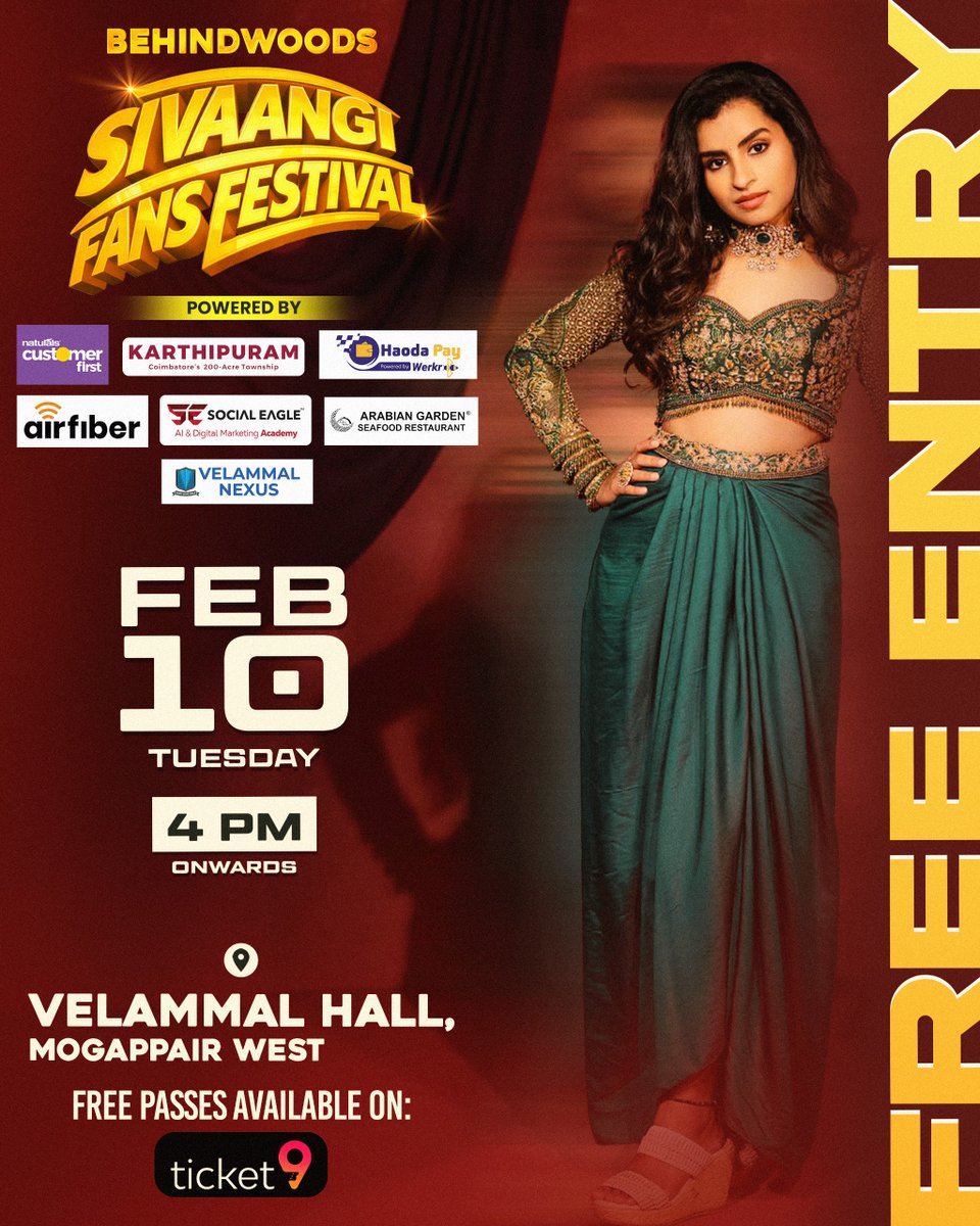 behindwoods's tweet photo. Meet the queen of hearts! 👑🔥 
An evening filled with Sivaangi’s electrifying vibes! 🎤✨
Velammal Hall | 4 PM | Free Entry! 📍 
Feb 10 | Tickets on Ticket9! 🎟️ https://t.co/emSAmzzzQ0
