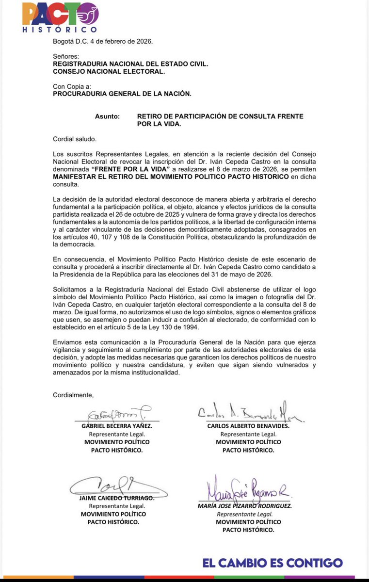 EL PACTO HISTÓRICO SE RETIRA DE LA CONSULTA DEL 8 DE MARZO

Ya es oficial. Ante la violación de nuestro derecho a la participación política, el Pacto Histórico comunicó al <a href="/CNE_COLOMBIA/">CNE Colombia</a> su retiro de la consulta del 8 de marzo,

Me inscribiré para la primera vuelta de las
