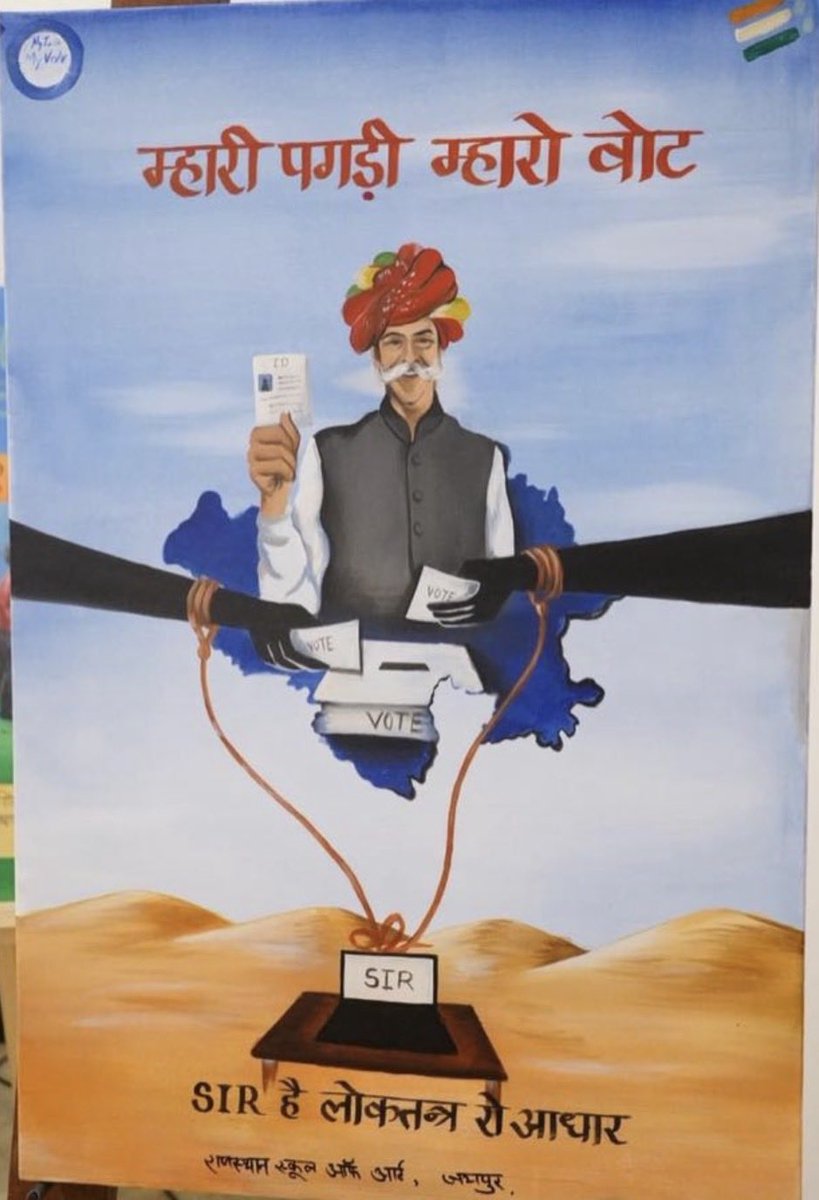 ✅ युवाओं ने निर्वाचन से संबंधित विषयों को "मेरा भारत, मेरा वोट " थीम के तहत रंगों के माध्यम से कैनवास पर उकेरा 🎨
👉आप देखें इन खूबसूरत चित्रों को प्रतिदिन...

#ECI  #NVD #VoterAwareness  #NVD2026 
<a href="/ECISVEEP/">Election Commission of India</a> <a href="/SpokespersonECI/">Spokesperson ECI</a>
<a href="/DIPRRajasthan/">सूचना एवं जनसम्पर्क विभाग, राजस्थान सरकार</a> 
<a href="/rajeduofficial/">Dept of Education, Rajasthan</a> 
<a href="/DDNational/">Doordarshan National दूरदर्शन नेशनल</a>
