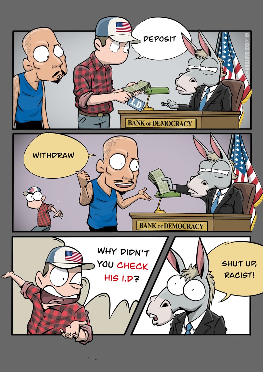 skscartoon's tweet photo. The ridiculousness of not requiring voter ID, explained👇 https://t.co/9zJbvusqKP