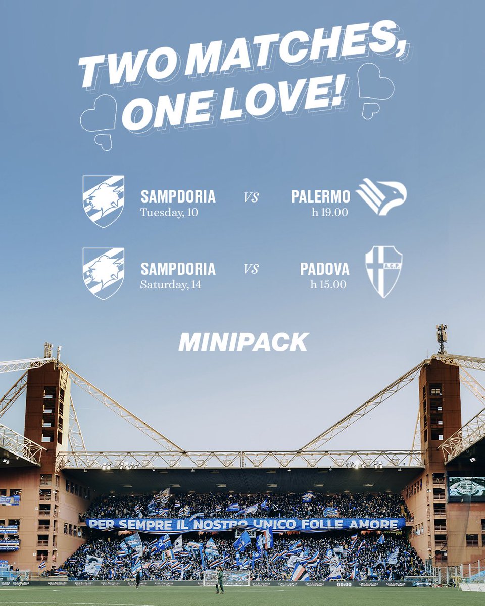 sampdoria's tweet photo. #MiniPack: 𝘁𝘄𝗼 𝗺𝗮𝘁𝗰𝗵𝗲𝘀, 𝗼𝗻𝗲 𝗹𝗼𝘃𝗲! 💘

📅 #SampPalermo
📅 #SampPadova

Scopri di più 👉🏻 https://t.co/iD9vXP9IXt

#ForzaDoria 🔵⚪🔴⚫⚪🔵 https://t.co/8v0lh1Hxd4