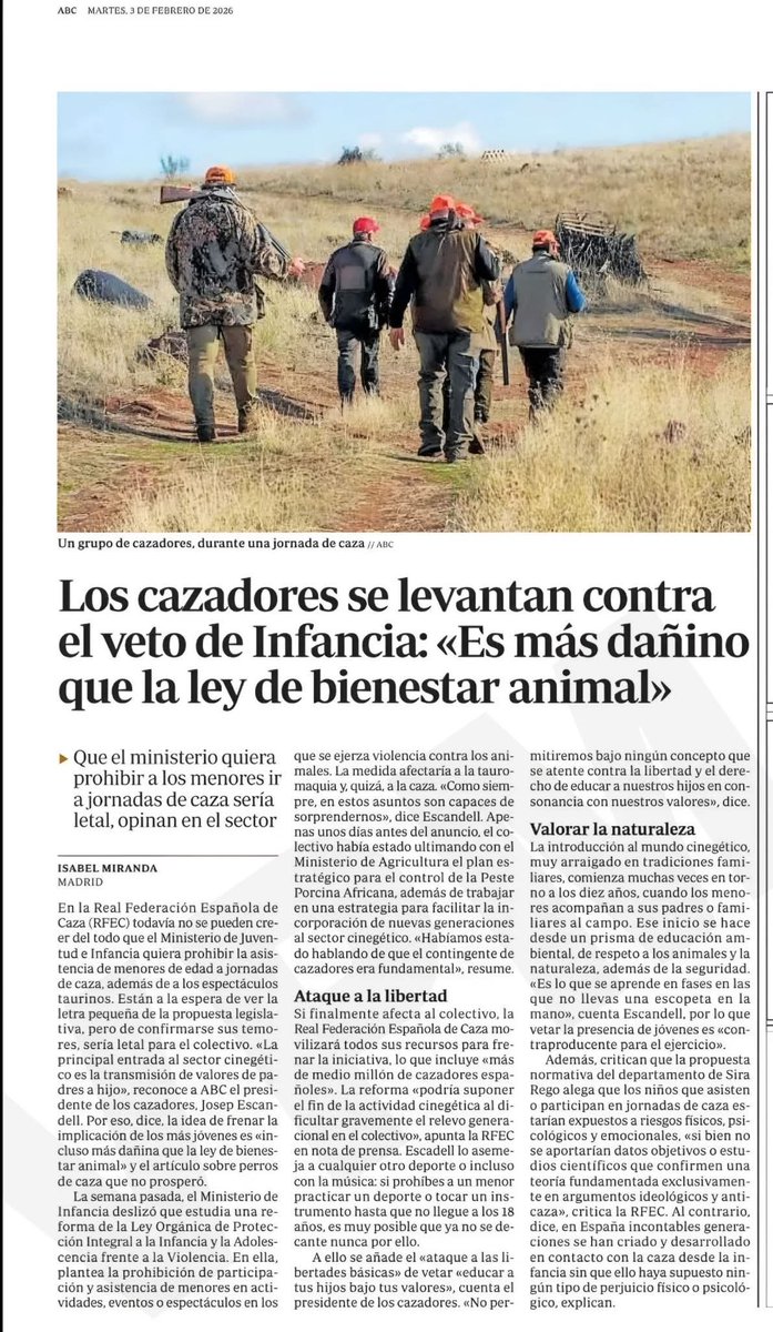 🗞️ <a href="/abc_es/">ABC.es</a>: "Los cazadores alzan la voz contra el veto del Ministerio de Infancia a la presencia de menores en jornadas de caza"

❌ Prohibir no educa.
❌ Estigmatizar no protege.
✔️ Transmitir valores, respeto por la naturaleza y tradición sí.

🌿 La educación en el campo no es