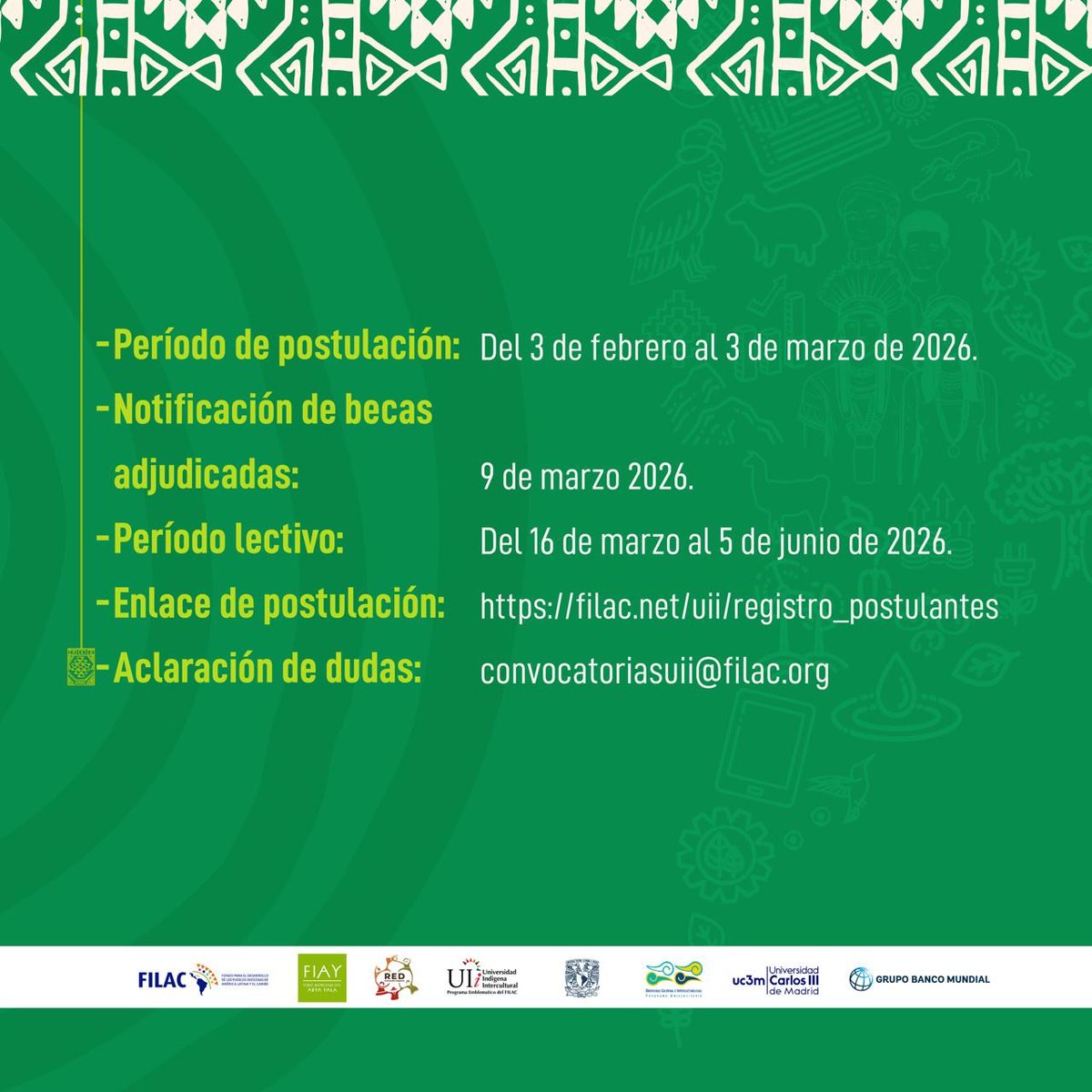 RedRajia's tweet photo. Diplomado en Monitoreo de Fondos Climáticos para el empoderamiento de las Juventudes Indígenas. 4ª Edición – 1er semestre 2026

Postulación hasta el 3 de marzo de 2026

Convocatoria: https://t.co/nCDCu2t9sA

Enlace de postulación: https://t.co/t7nJwFCHGR

#JuventudesIndígenas https://t.co/H3WXzGASuu