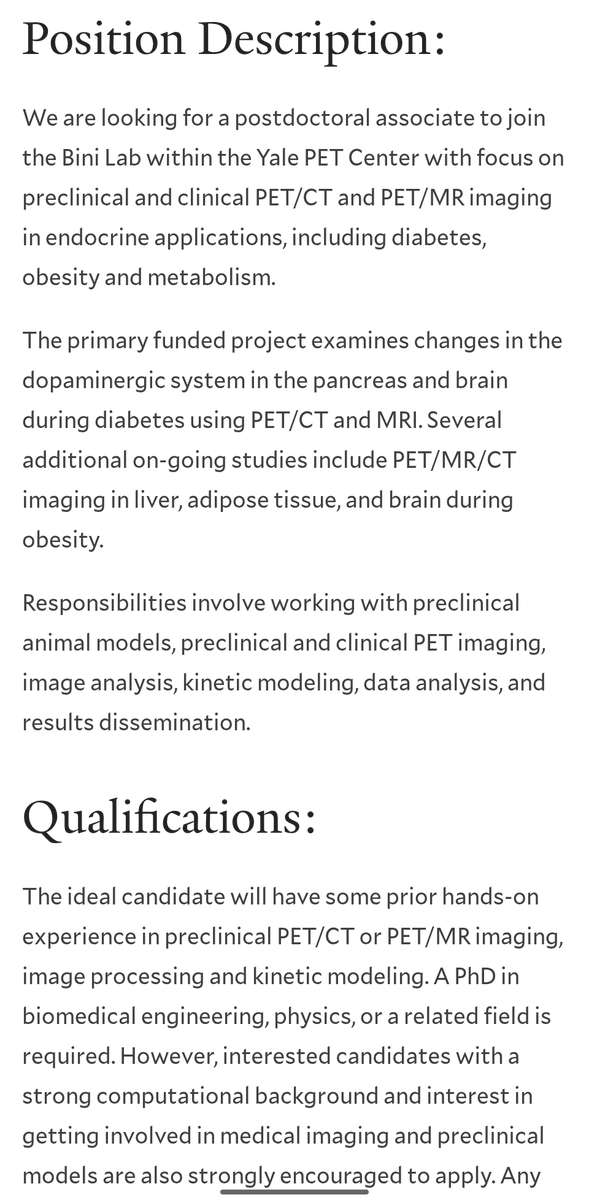 ScienceDrBini's tweet photo. Looking to recruit a postdoc for a June 1 or later start date. Details below. Familiarity/experience in PET imaging and quantification is most desired. https://t.co/E6A1XTcFcV