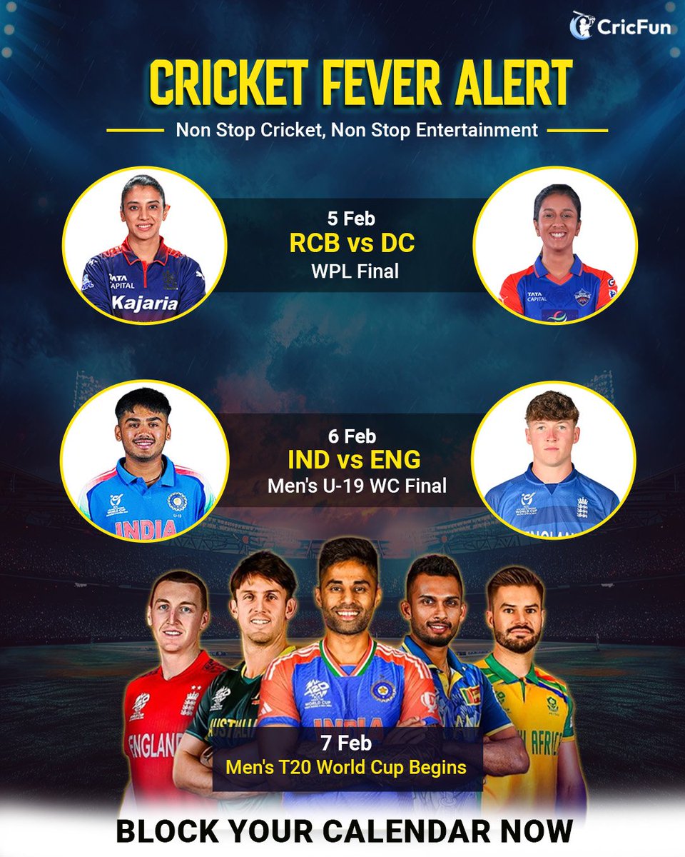 CricFunApp's tweet photo. Cricket fever is INSANE🏏🔥
Finals. World Cups. Back-to-back bangers. 
If you’re not watching, are you even online? 👀 

Never miss an updates with CricFun 👉🏻 https://t.co/szB0TGkay8

#CricFun #FinalsWeek #WPL2026 #U19WC2026 #t20worldcup2026 https://t.co/ikY7OcYIL4