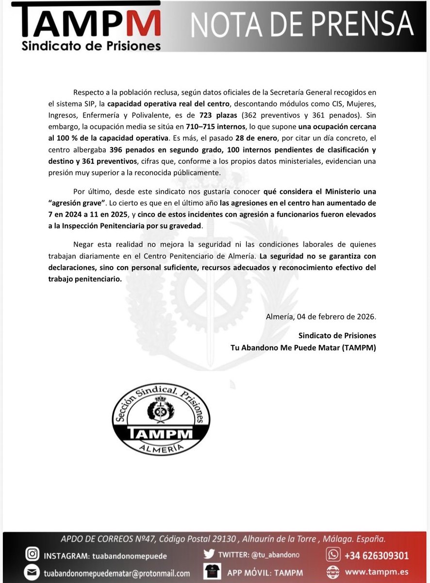 Desde TAMPM Almería desmentimos y denunciamos las palabras del ministro Marlaska. El Acebuche está prácticamente al 100% de su capacidad operativa real,no al 86%.Las agresiones aumentan Negar la realidad pone en riesgo a la plantilla
#sosprisiones

europapress.es/andalucia/alme…