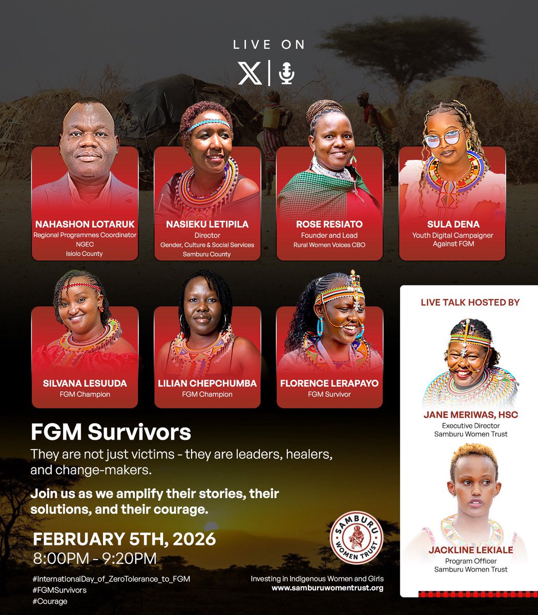 SamburuWtrust's tweet photo. Join us Tonight starting exactly at 8. 00PM for an interactive conversation as we candidly address the elephant in the room - FGM  and GBV survivors. 

Set your calendar reminder using the X-Space meeting link and be part of the discussion.

https://t.co/uBYrDyQFr0 https://t.co/pIYnONlqzg