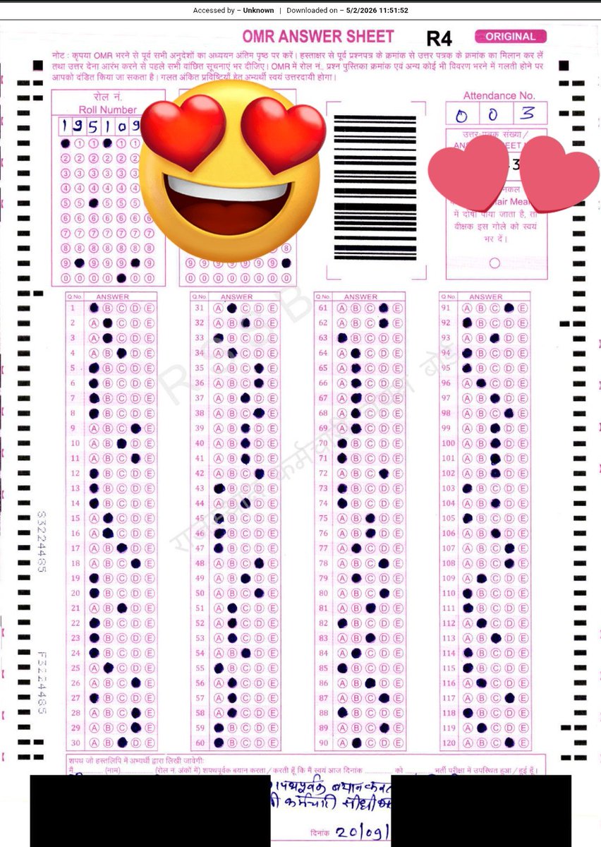 चतुर्थ श्रेणी कर्मचारी भर्ती 2024
MY OMR SHEET
ATTEMPT  = 120 
RIGHT = 103
WRONG = 17
AFTER NORMALISATION MARKS = 162.6514
RANK = 3668
🙏🏻🙏🏻🙏🏻🙏🏻