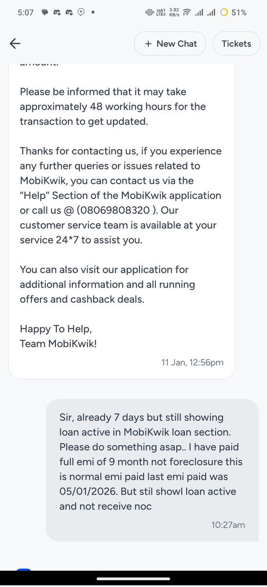 Hey <a href="/MobiKwik/">MobiKwik</a> <a href="/MobiKwikSWAT/">MobiKwik Support</a>,

I have already raised this issue multiple times with your customer care, but they have neither provided a solution nor fixed the problem. My loan was closed over a month ago, yet the app still shows it as 'active' both cibil score and MobiKwik (as