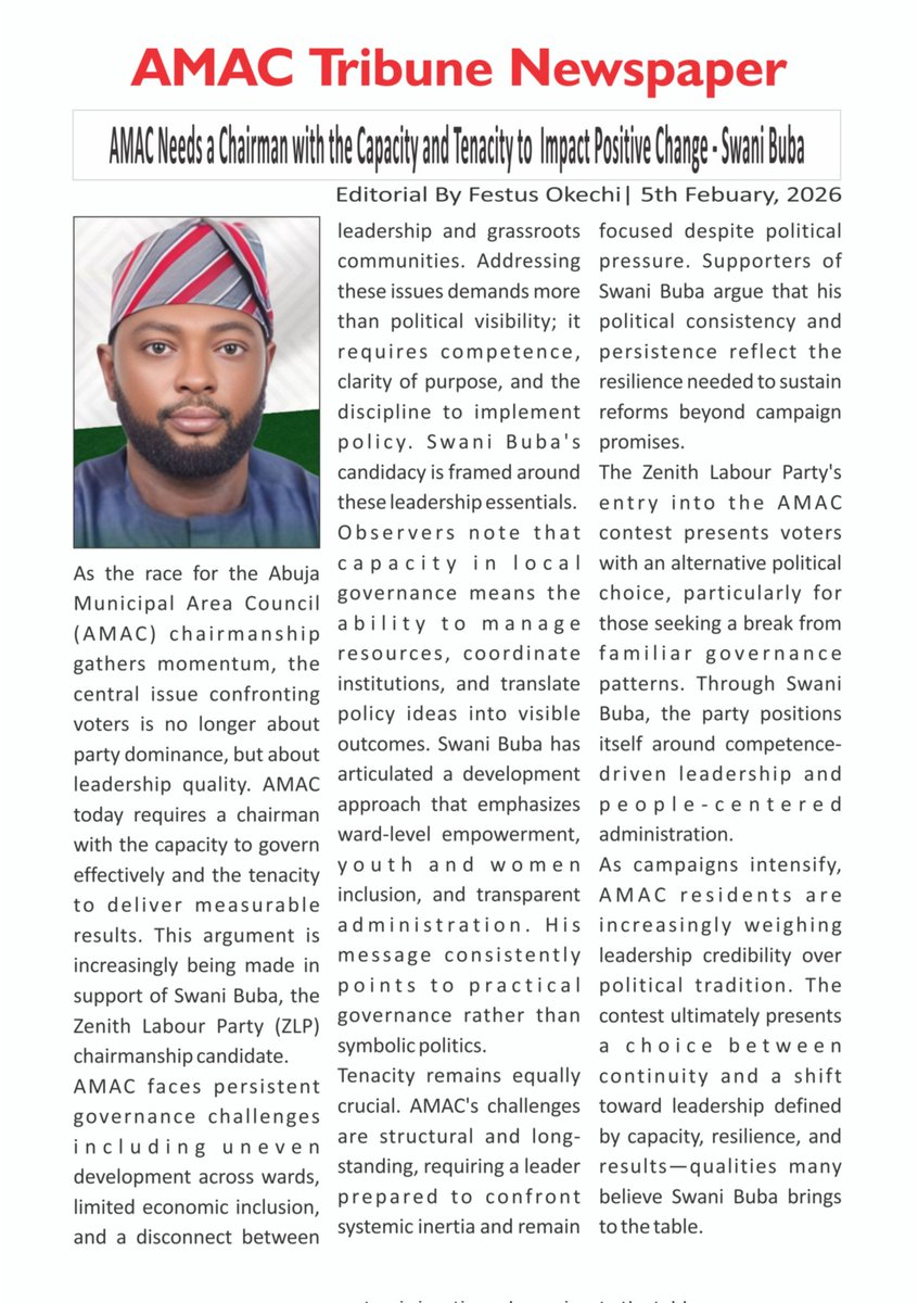 AMAC Tribune Newspaper:
Candidate with Capacity - Swani Buba