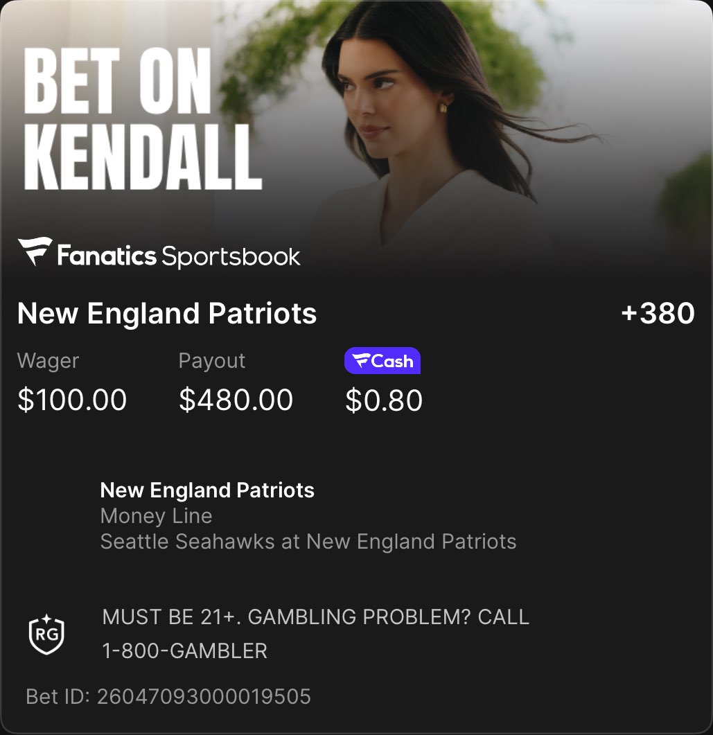 #BetOnKendall @fanaticsbook

New England all day  fanatics.onelink.me/5kut/jdprlqo0