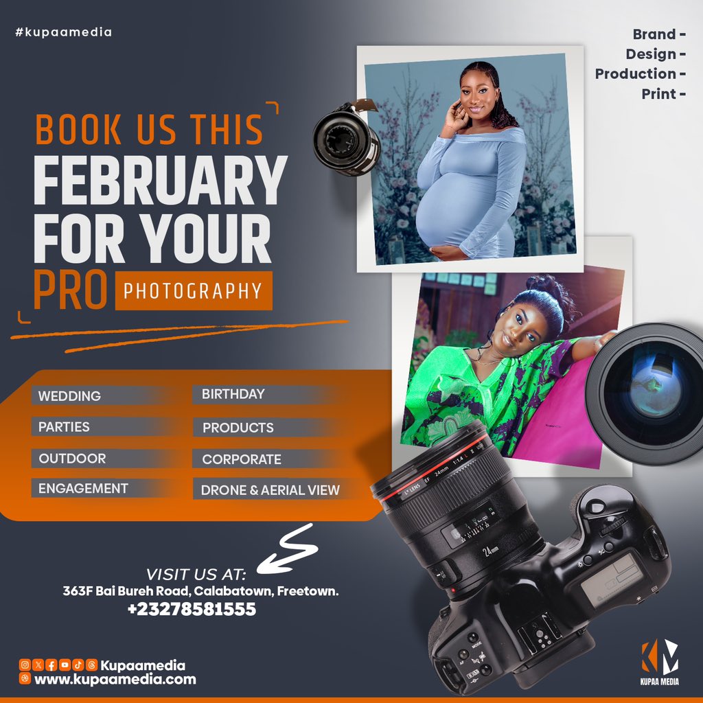 kupaamedia's tweet image. Your brand. Your story. Our creativity. From ground shots to drone aerial views, we do it all! 

Book us this February for premium photography &amp;amp; video production.

📞 Call/WhatsApp: +232 78 581 555
🌐 kupaamedia.com
📩 info@kupaamedia.com

#KupaaMedia #CreativeStudio