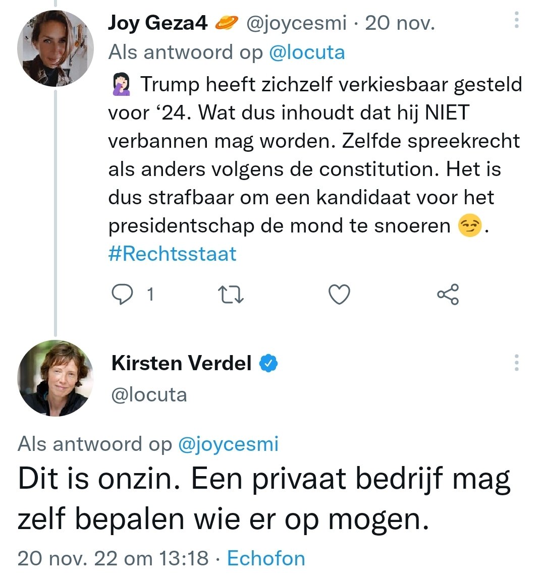 Wat is het probleem <a href="/locuta/">Kirsten Verdel</a> ? X is een privaat bedrijf dat zelf mag bepalen wat ze wegdrukken.
