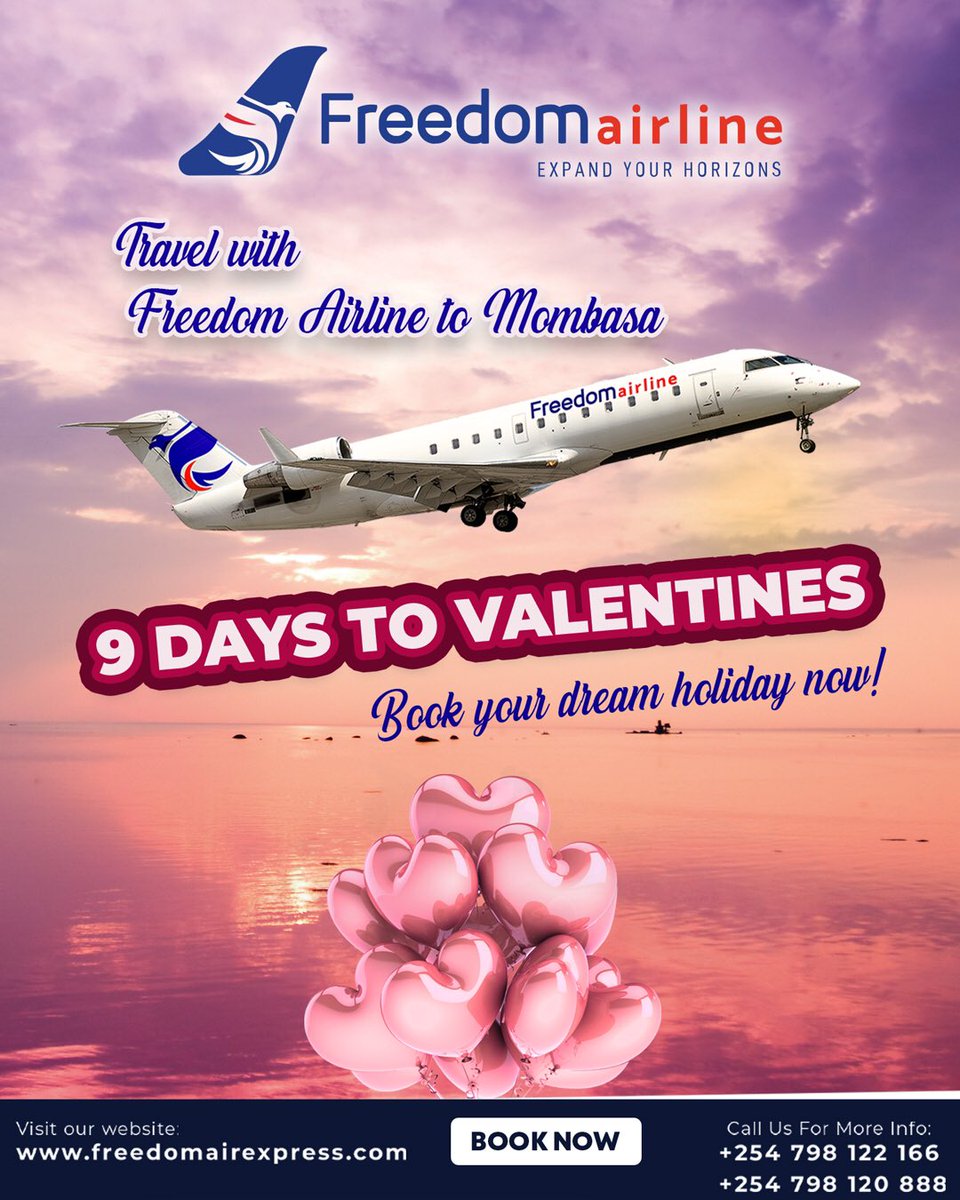 FreedomAirKe's tweet image. ❤️ 9 days to Valentine’s ❤️
This February, go beyond flowers and chocolates 🌹
Surprise your special someone with a romantic escape to Mombasa ✈️

Book your dream holiday now and travel with Freedom Airline
Love is in the air

#FreedomAirline #TravelWithFreedom #ValentinesGetaway