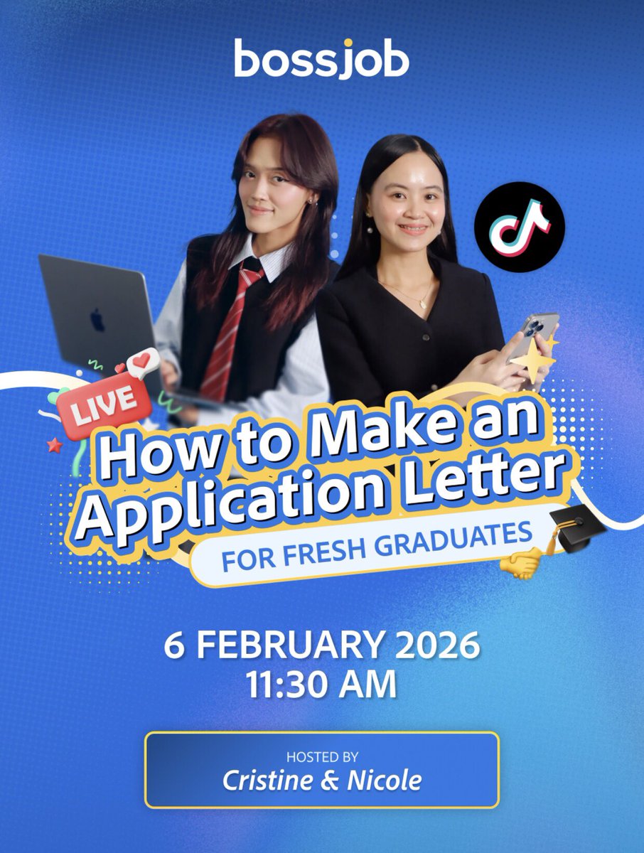 bossjobofficial's tweet photo. 📣 Calling all FRESH GRADUATES‼️
It’s your job-hunting era, and we’re here to help you ace the application process.

📌 Catch us on February 5, 2026 (Friday) on TikTok Live from 11:30 AM–12:30 PM. 
#freshgraduates #TikTokLiveStreaming #jobhuntingtips #FindJobTalkToBoss #BossjobPH https://t.co/sw3pih9jY6
