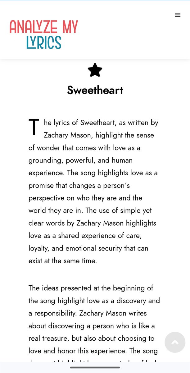 ZacharyMMusic's tweet image. Great news- Sweetheart appeared on Analyze My Lyrics, an established website known for its in depth writing!

A double feature was posted-

Link: analyzemylyrics.com/zachary-mason-…

Link: analyzemylyrics.com/zachary-mason-…

#analyzemylyrics #zacharymason #sweetheart #newmusic #songlyrıcs #newmusic
