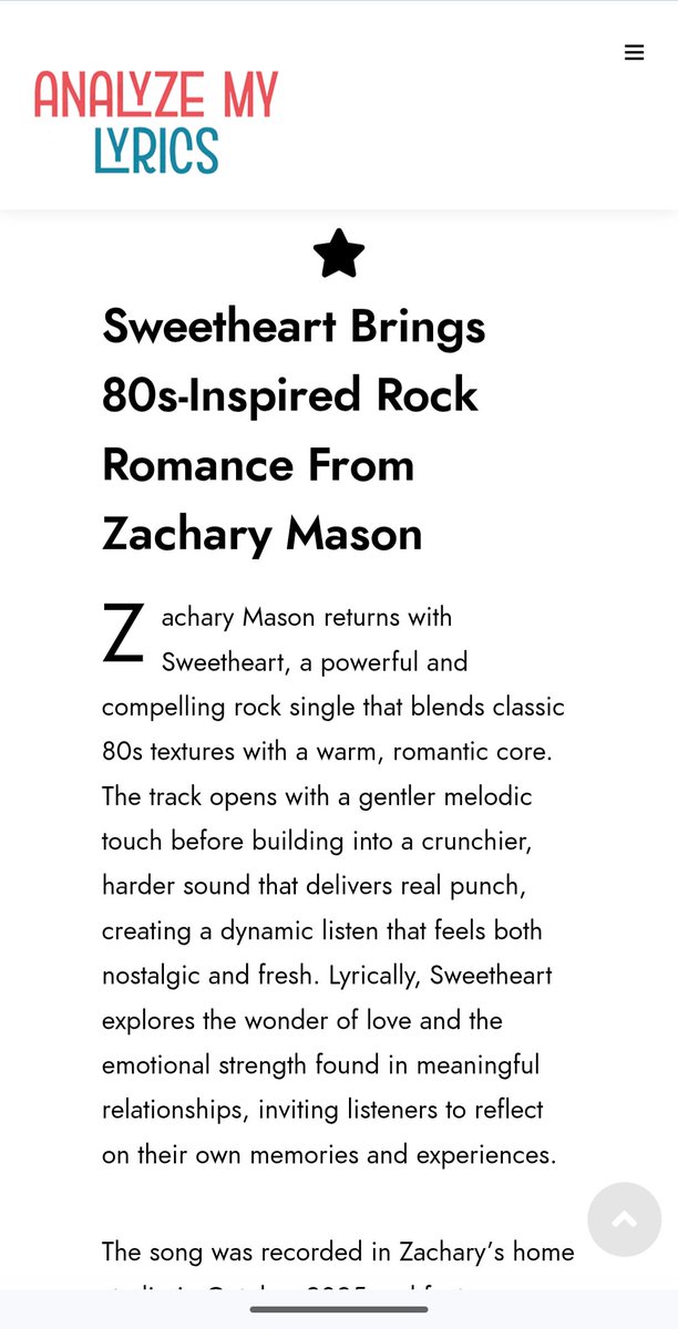 ZacharyMMusic's tweet image. Great news- Sweetheart appeared on Analyze My Lyrics, an established website known for its in depth writing!

A double feature was posted-

Link: analyzemylyrics.com/zachary-mason-…

Link: analyzemylyrics.com/zachary-mason-…

#analyzemylyrics #zacharymason #sweetheart #newmusic #songlyrıcs #newmusic