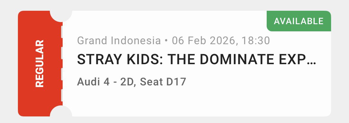 for sale wts tiket bioskop straykids dominate cgv di grand indonesia jam 18.30 besok jumat 06 feb 2026, seat D17. beli 150k jual 80k aja, urgent keluarga ada yg sakit