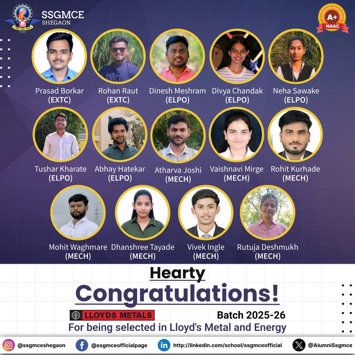 AlumniSsgmce's tweet photo. π Proud Moment for SSGMCE, Shegaon! π
#SSGMCE #SSGMCEShegaon #Placements #CampusPlacements #ProudMoment
#FutureLeaders #EngineeringSuccess #CareerBegins #StudentAchievements https://t.co/75MwSKDqoJ