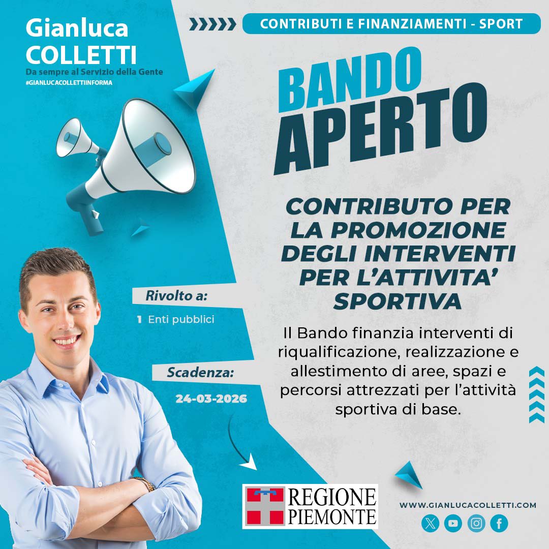 #REGIONEPIEMONTE - #Contributo per la promozione di interventi per l’attività sportiva. Scadenza: 24.03.26 #gianlucacollettiinforma
👉🏻 gianlucacolletti.com/galleriagianlu…