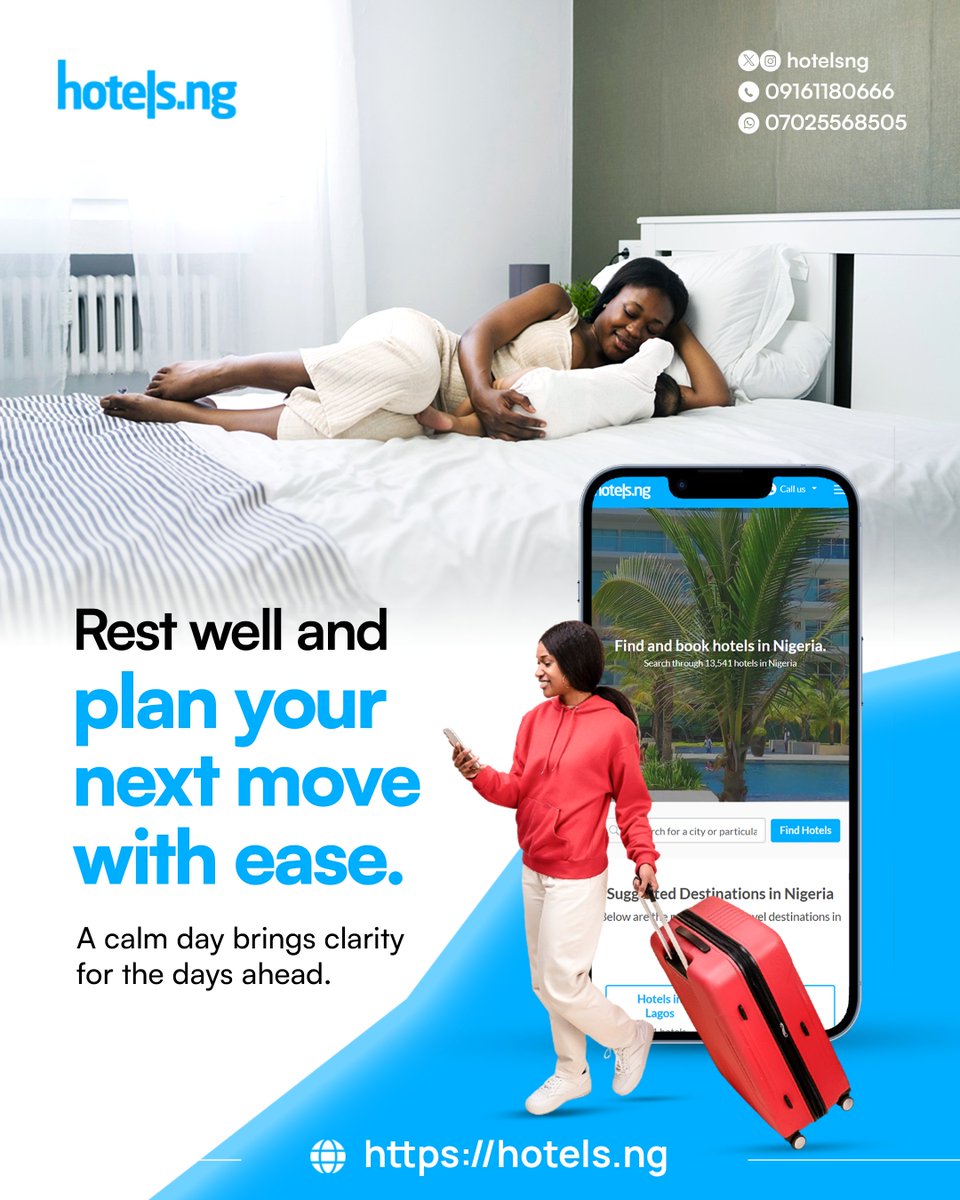 hotelsng's tweet image. When comfort comes first, every journey feels lighter.
Rest well and plan your weekend move with Hotels.ng.

#hotelsng #TravelExperience #StayComfortable
