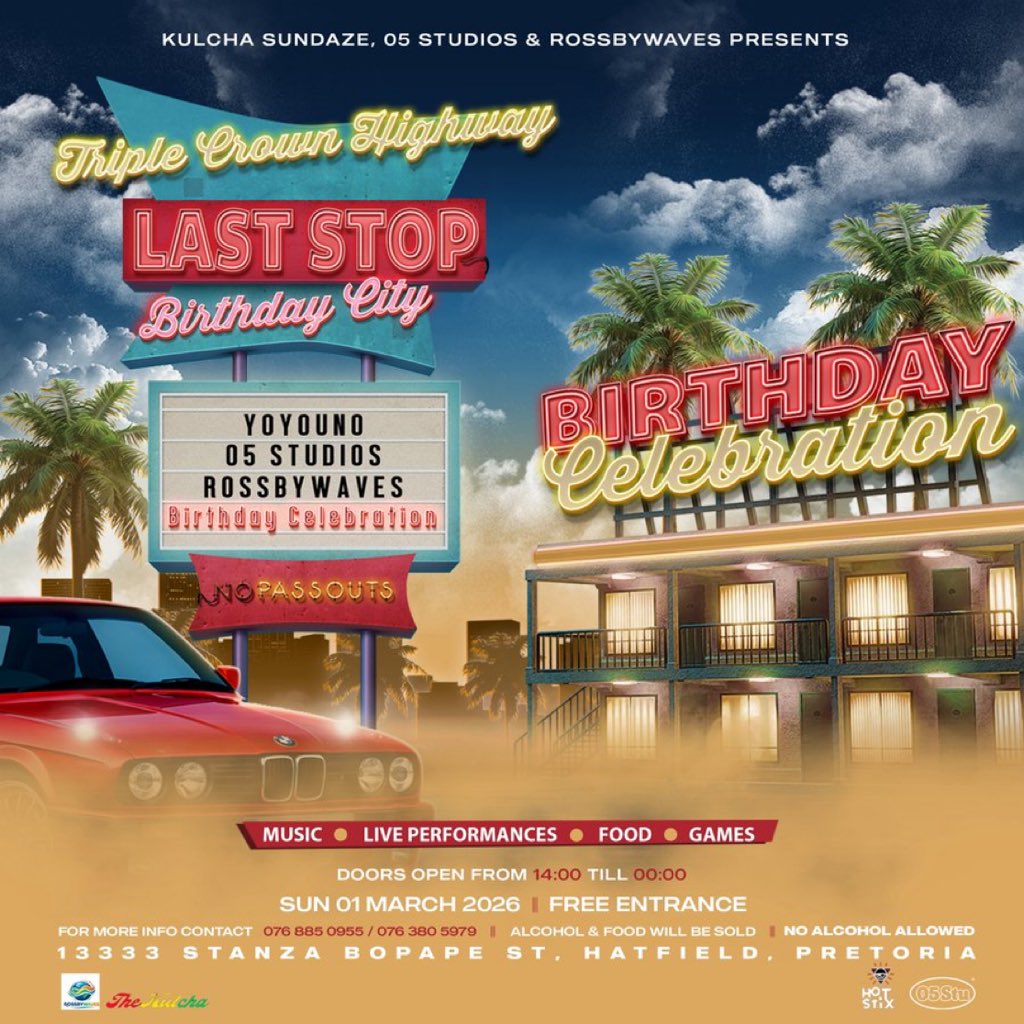 <a href="/TheUnoYouKnow/">rainmaker</a>, RossbyWaves, <a href="/North_Std/">.STUDIOS.</a> &amp; <a href="/TheKulchaZA/">The Kulcha</a> presents LAST STOP: birthday celebration.

📍Hotstix, Hatfield
📅 1 March

Show them some love🔥🔥👀