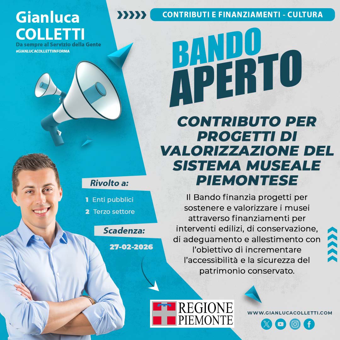 #REGIONEPIEMONTE - #Contributo per progetto di valorizzazione del sistema museale piemontese. Scadenza: 27.02.26 #gianlucacollettiinforma
👉🏻 gianlucacolletti.com/galleriagianlu…