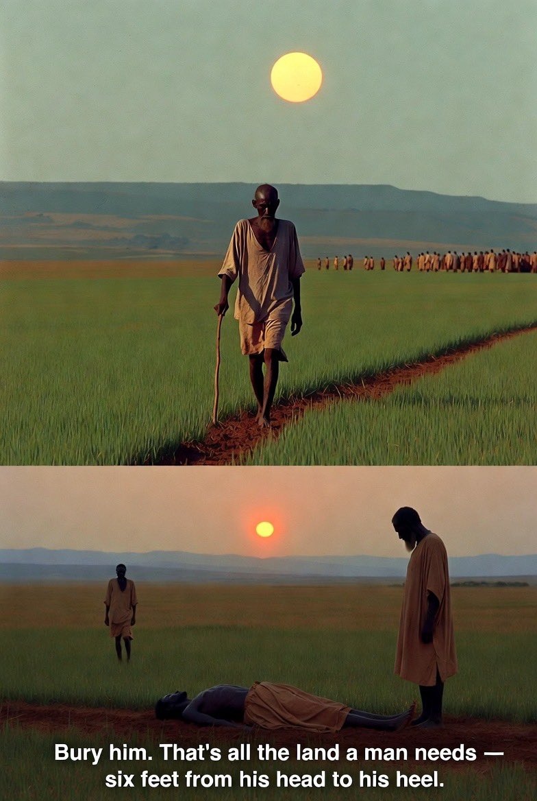 africatodayMG's tweet photo. “Bury him. That’s all the land a man needs, six feet.”

There was once a poor farmer named Pahom who believed that if he only had enough land, he would be happy forever.

One day, he heard of a distant tribe that sold vast lands for very little money. Their only rule was simple:
For a fixed price, he could have as much land as he could walk around from sunrise to sunset — but he had to return to the same spot by sunset.
If he failed, he would lose both his money and the land.

At sunrise, Pahom started walking.
He walked fast, marking boundaries, dreaming of how much wealth he would gain.
The land was fertile, the grass was green and greed pushed him forward.
Every time he thought of turning back, he saw more beautiful land ahead and thought, “Just a little more…”

As the sun began to sink, panic set in.
He realized he had gone too far.
Breathing heavily, he ran back towards the starting point, desperate to reach before sunset.
His heart pounded, his legs trembled but the finish line was near.

Just as the sun disappeared, he collapsed at the starting spot…
Dead.

The chief of the tribe looked at his body and calmly said,
“Bury him. That’s all the land a man needs six feet.”

The Timeless Lesson

Greed always promises happiness, but it ends by taking peace away.
We chase more more money, more property, more status forgetting that no one truly owns anything.
At the end, we leave this world with the same empty hands we came with.

In our pursuit of more, we often lose what matters most health, relationships, peace, and time.

Remember:

The earth is vast, but our needs are small.
We spend our lives expanding our boundaries, while forgetting the one truth:
In the end, all we really need is enough land to rest in.

(The story taken from Leo Tolstoy’s classic tale, “How Much Land Does a Man Need?”)