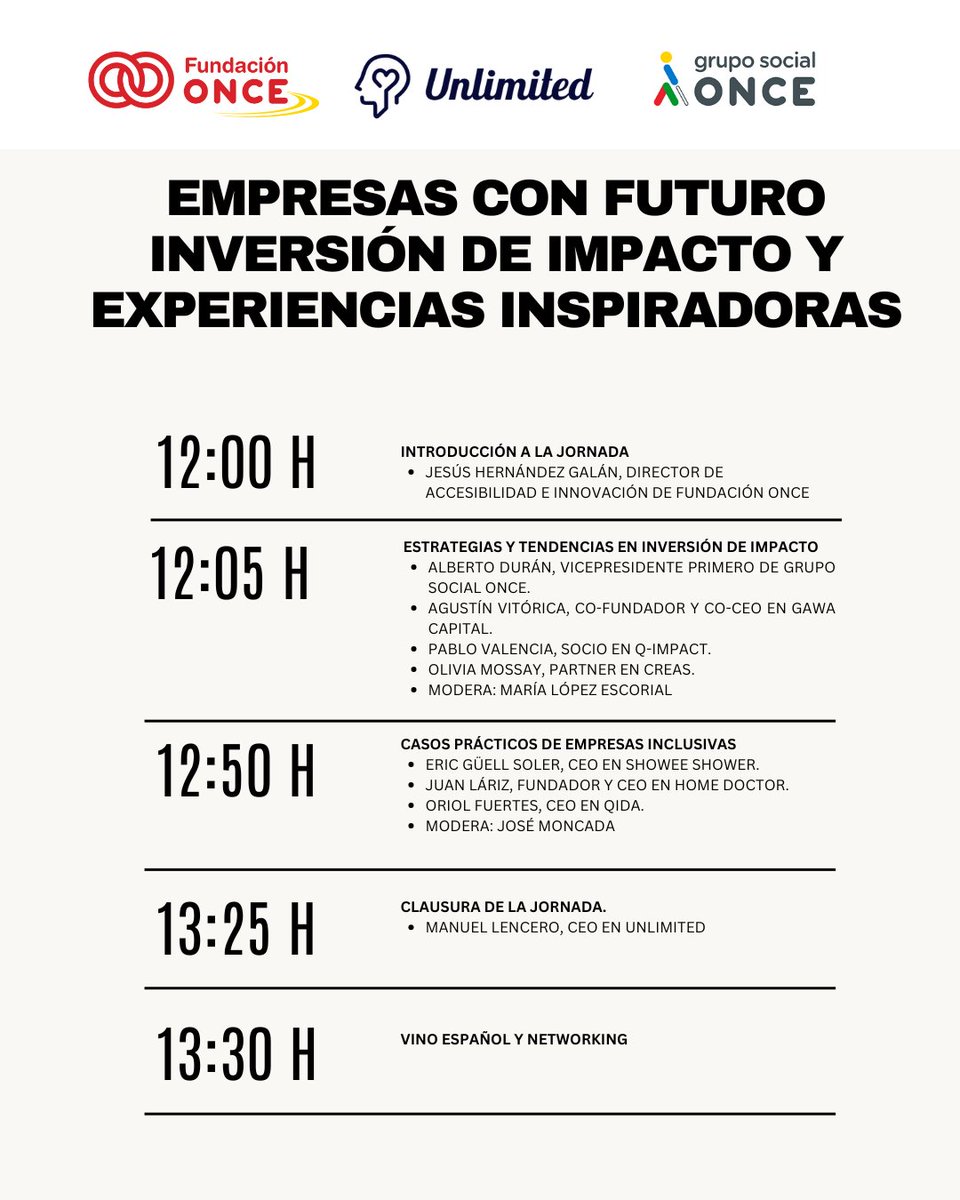 SpainNAB's tweet photo. 📣 @Fundacion_ONCE, @GrupoSocialONCE y Unlimited organizan la jornada “Empresas con futuro: inversión de impacto y experiencias inspiradoras”
📆 11 febrero
⏰ 12:00–13:30 h 
📍 Por Talento Digital. C/ Fray Luis de León 11, Madrid
🎟️ Inscripciones 👉https://t.co/fAxBjr54Lu https://t.co/mitiUOOGV9
