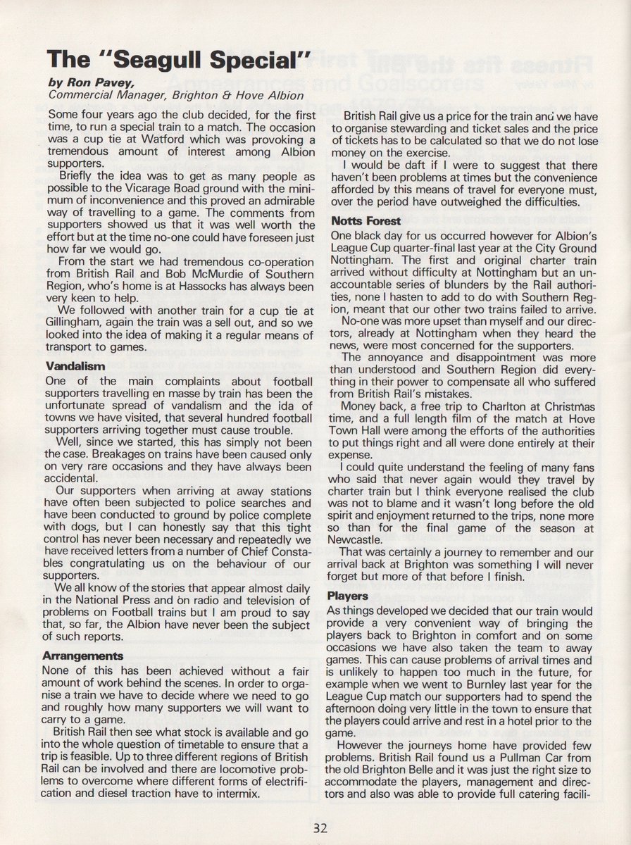 SeagullsProg's tweet photo. A bit more on the 'Seagull Special' train that took us to so many away games in the late 70s. In the 1979/80 #BHAFC handbook, Ron Pavey looks at why the specials started and how important they were for fans and players. Good to see @brian_horton4 behind the controls! https://t.co/Hkz6ThDC6n