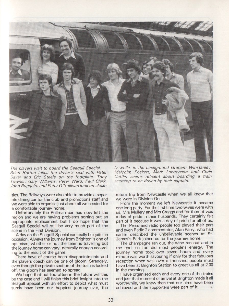 SeagullsProg's tweet photo. A bit more on the 'Seagull Special' train that took us to so many away games in the late 70s. In the 1979/80 #BHAFC handbook, Ron Pavey looks at why the specials started and how important they were for fans and players. Good to see @brian_horton4 behind the controls! https://t.co/Hkz6ThDC6n