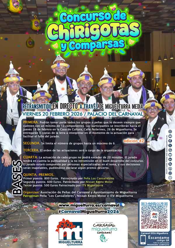Miguelturra convoca la 42ª edición de su emblemático Concurso de Chirigotas y Comparsas para el Carnaval 2026
ciudadreal.ayeryhoyrevista.com/miguelturra-co…
#revistaayeryhoy #larevistaparagentecomotu #miguelturra #CarnavalMiguelturra2026