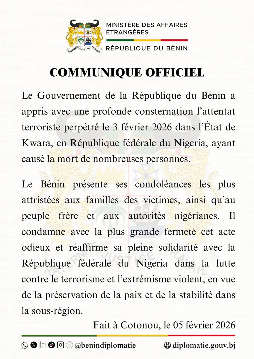 🇧🇯📷 | COMMUNIQUE OFFICIEL - 🇧🇯📷 | OFFICIAL STATEMENT <a href="/gouvbenin/">Gouvernement du Bénin 🇧🇯</a> <a href="/NigeriaGov/">Government of Nigeria</a>  
<a href="/NigeriaMFA/">Ministry of Foreign Affairs, Nigeria 🇳🇬</a> <a href="/benindiplomacy/">Benin Diplomacy</a>