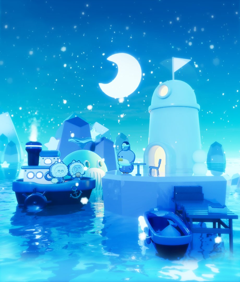sendananiwa's tweet photo. 前回のイラストを３Dで制作。🐧🐧🐧

#ホシとネコと空飛ぶクジラ
#ue5 #blender #3DCG https://t.co/lPFKvRn1c5