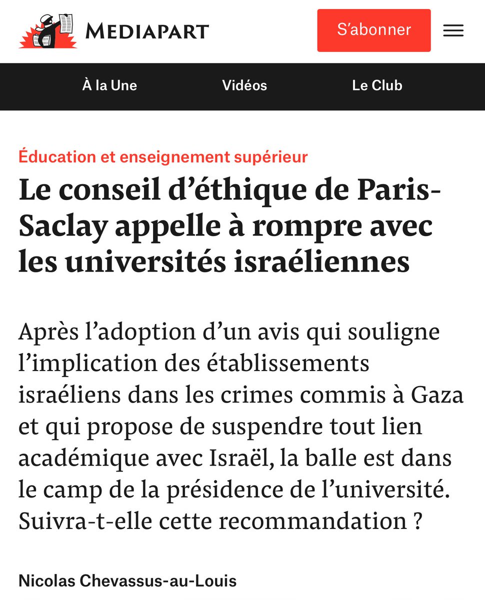 Le boycott d’Israël doit être total. 
mediapart.fr/journal/france…