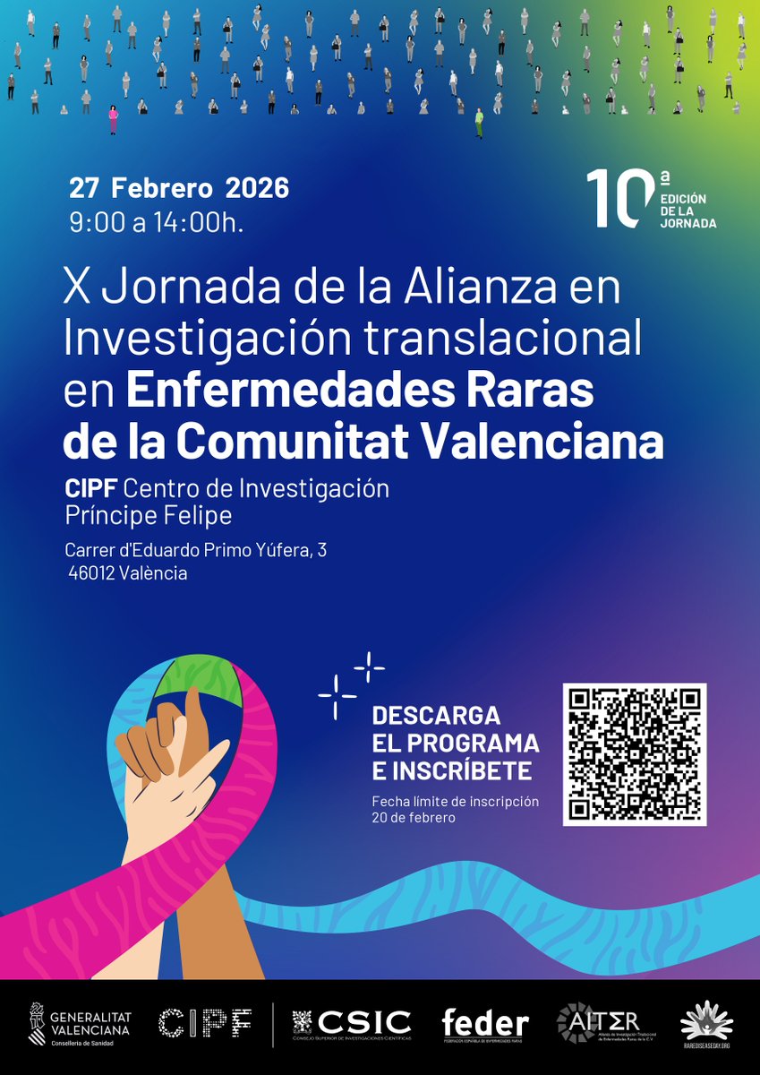 El 27 de febrero estaremos en la X Jornada de la Alianza en Investigación Traslacional en Enfermedades Raras en el <a href="/CIPFciencia/">CIPF</a> (València)💚 

Un espacio clave para avanzar en investigación y poner voz a las personas con ER

 Inscripción hasta el 20/2📅

👉enfermedades-raras.org/actualidad/age…