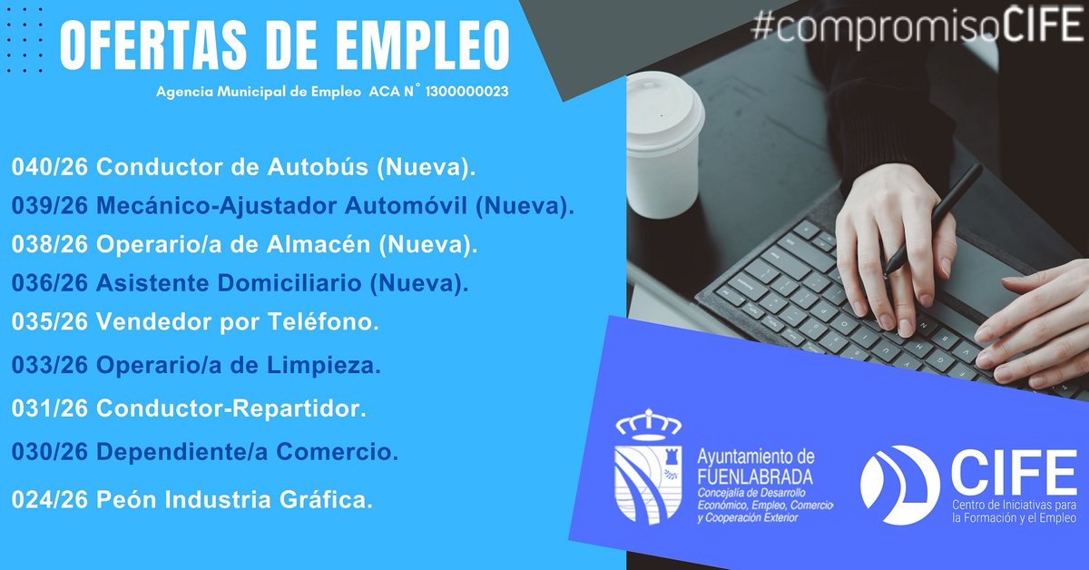 🎯 OFERTAS DE EMPLEO DESTACADAS – FUENLABRADA 
 Actualizado: 05 febrero 2026 
#OfertasEmpleo que tenemos en estos momentos en #CIFE del #AyuntamientoFuenlabrada.  
 Puedes acceder a la información de cada puesto aquí 👇
cife.ayto-fuenlabrada.es/OfertasListado/