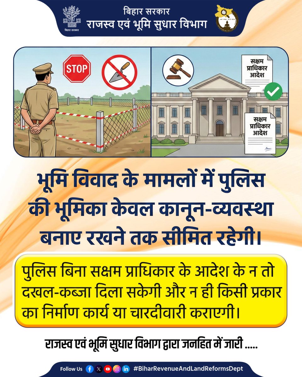 BiharRevenue's tweet photo. भूमि विवाद के मामलो में पुलिस की भूमिका केवल कानून- व्यवस्था बनाए रखने तक सीमित।
@NitishKumar
@VijayKrSinhaBih
@bihar_police
@IPRDBihar
#LandSolution
#LawAndOrder
#BiharPolice
#BiharBhumi
#BiharRevenueAndLandReformsDept https://t.co/lnM87a4sRd