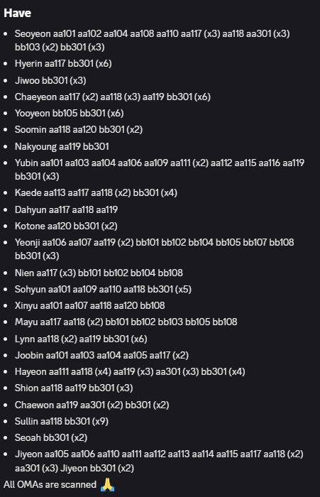 irvanhifa's tweet image. WTT
Have 1st pic
- AA/BB OMA objekt.top/@Irvanhifa?sea… *all are tradable &amp;amp; already scanned 🙏
- AA/BB FCO objekt.top/@Irvanhifa?tra… *except Members listed on 2nd pic unless its dupes 🙏

Want 2nd pic
Just DM 👌