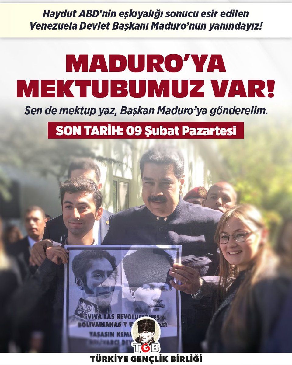 ABD emperyalizminin eşkıyalığı ve tehditleri altındaki Venezuela’yı ve onun cesur lideri Nicolas Maduro’yu yalnız bırakmıyoruz! 🇹🇷🇻🇪

Türk gençliğinin desteğini, direnen Venezuela halkına taşıyoruz.

✍️ Mektubunu bize ilet, senin adına ulaştıralım.
📞 0507 052 73 18