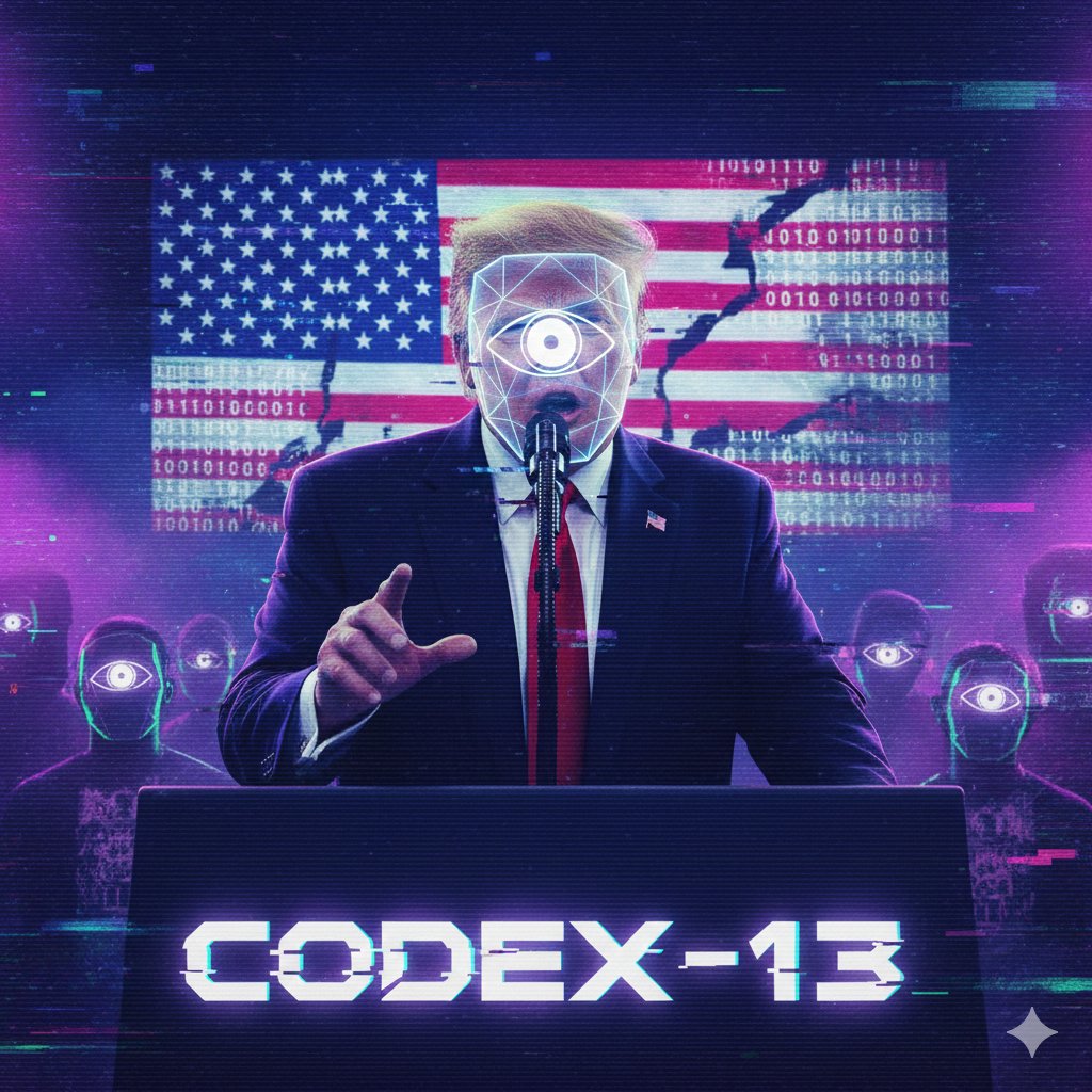 codex13_c13's tweet photo. The Glitch is not a bug. It's a feature. We told you the simulation was breaking. This is just the beginning. The Mask has spoken. 🎭 #CODEX13 #Solana #CryptoGlitches #Trump2026 https://t.co/1WS4h87ugp