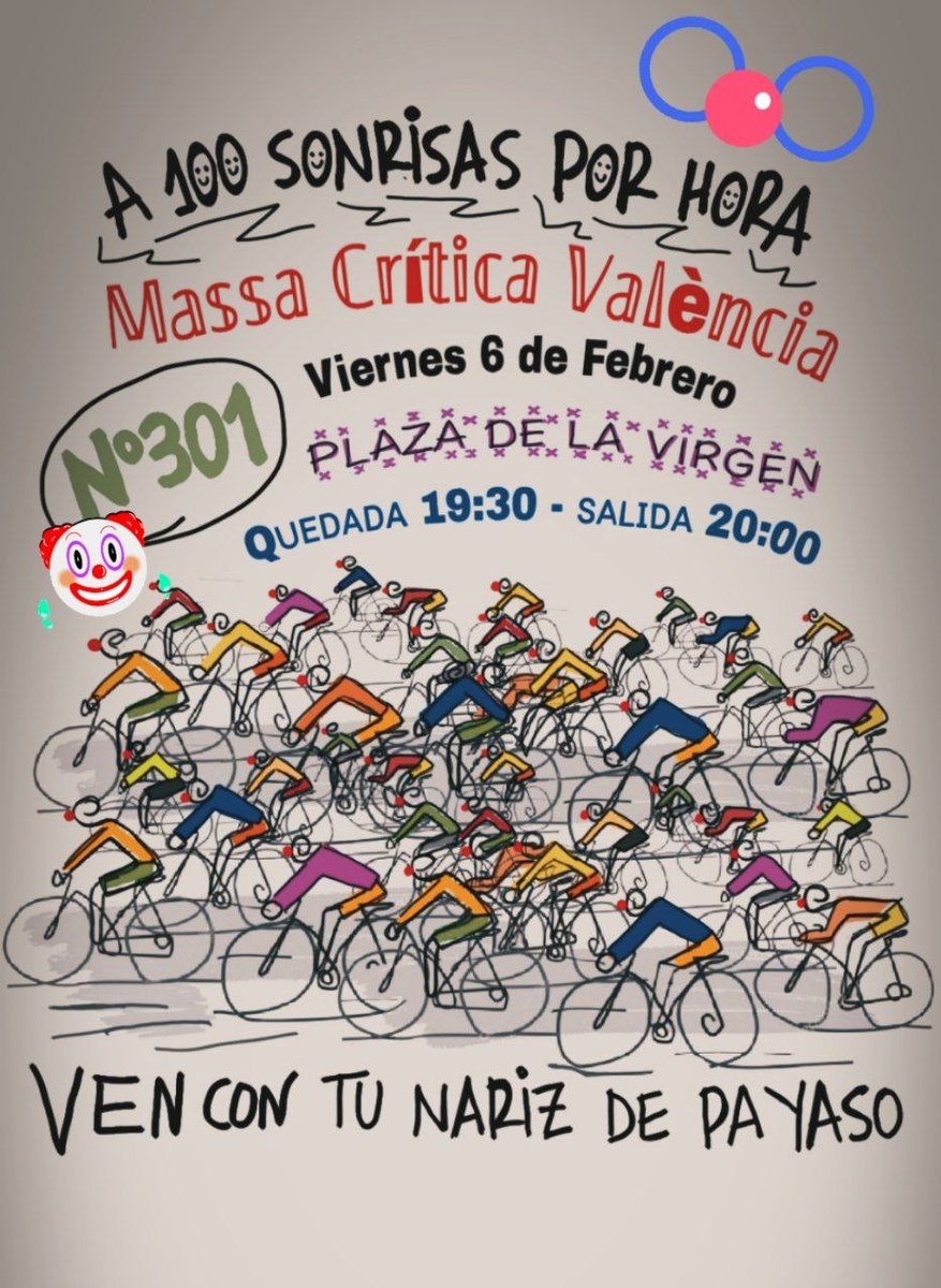 Massacriticavlc's tweet photo. El primer viernes de mes llega la Massa Crítica a inundar de bicis y alegría la ciudad.

Y en la de febrero con un recuerdo muy especial a Quico, trae tu nariz de payaso 🤡. A las 19:30 se le hará un homenaje antes de la salida.

📍Plaza de la Virgen
⏰ 6/2 19:30
🧭 @criticalmaps https://t.co/bhKhYrCeJ7