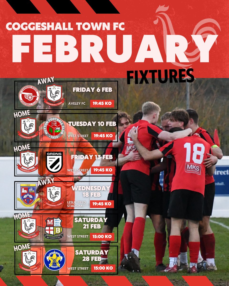 CoggeshallTown's tweet photo. 📅 February Fixtures
A big month ahead for the Seedgrowers 🖤🔴
Plenty of football, plenty of battles — make sure you’re there backing the boys every step of the way, home and away!

#CoggeshallTown #SeedGrowers #UpTheTown #NonLeague #ThurlowNunn #FebruaryFixtures https://t.co/MYRex7wA9p