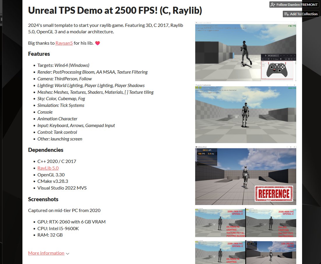 Still going strong on recreating the Unreal TPS template with Raylib 5 and C (~2500 FPS) ...Now on Itch.io! #gamedev #raylib <a href="/raysan5/">Ray</a> #unrealengine

damienfremont.itch.io/c99-raylib5-gl…