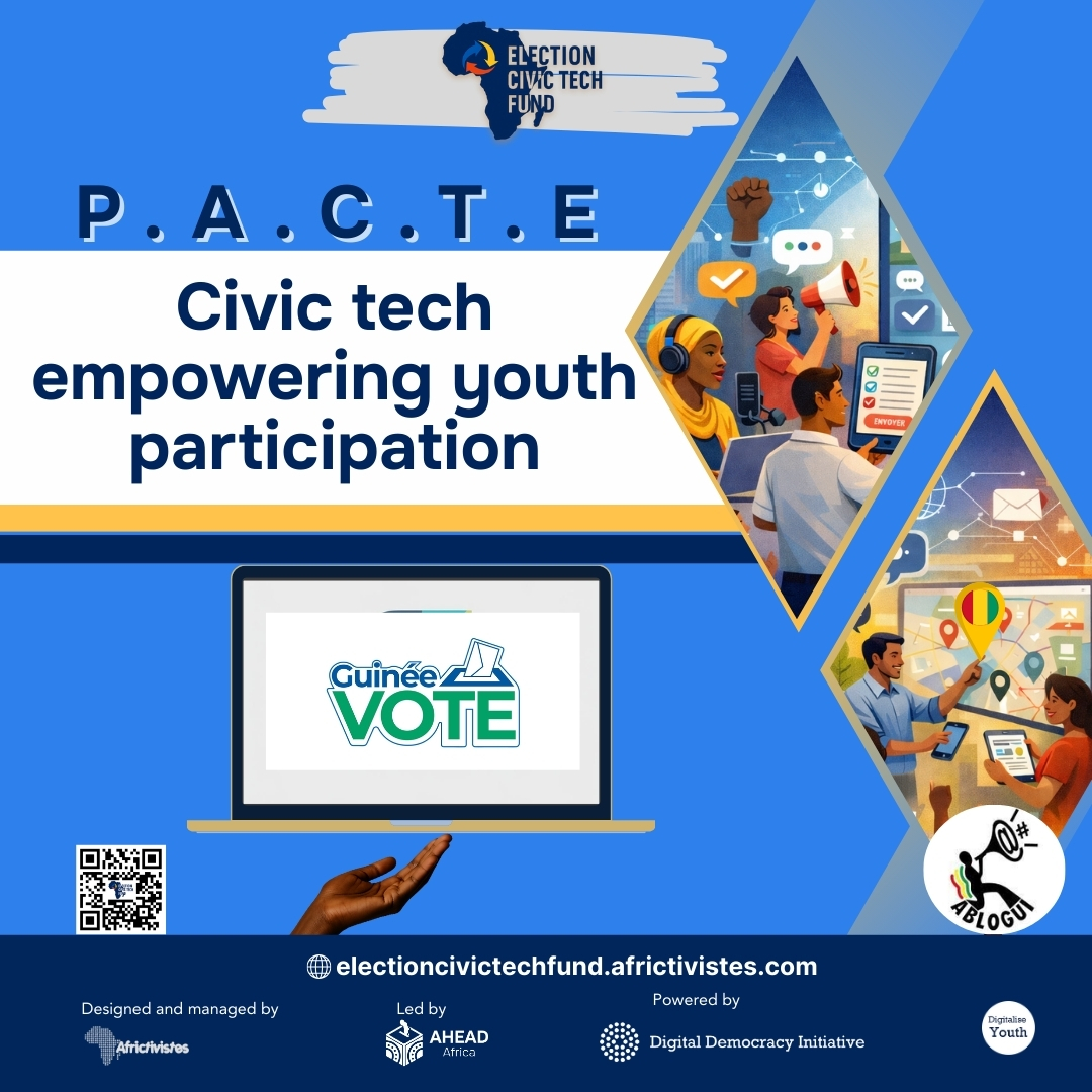 AFRICTIVISTES's tweet photo. #ElectionCivicTechFund
En Guinée 🇬🇳, à l’approche de l’élection présidentielle de décembre 2025, @ablogui a déployé son projet #PACTE, une initiative visant à renforcer l’engagement citoyen des jeunes, promouvoir la transparence électorale et soutenir une transition électorale inclusive.
🗳️ À travers @GuineeVote , une plateforme web citoyenne de veille électorale, de signalement et d’information fiable, active depuis 2015 et entièrement modernisée pour répondre aux enjeux du scrutin de 2025, et grâce à un réseau d’e-observateurs de terrain, le projet a contribué au suivi citoyen des processus électoraux et au renforcement de la participation démocratique.
⚡ Propulsé par Digital Democracy Initiative
—--------------------------------------------------------
#ElectionCivicTechFund
In Guinea 🇬🇳, as the December 2025 presidential election approaches, @ablogui has rolled out its #PACTE project an initiative aimed at strengthening youth civic engagement, promoting electoral transparency, and supporting an inclusive electoral transition.
🗳️ Through Guinée Vote, a citizen-led web platform for electoral monitoring, reporting and access to reliable information, active since 2015 and fully modernised to address the challenges of the 2025 poll, and supported by a network of field-based e-observers, the project has contributed to citizen oversight of electoral processes and the strengthening of democratic participation.
⚡ Powered by Digital Democracy Initiative
#PACTE #ParticipationCitoyenne #JeunesseEngagée #AHEADAfrica #GuinéeVote #Election2025 #CivicTech
#AfricTivistes @AHEADxAfrica @YouthCohort
#CivicTechFund